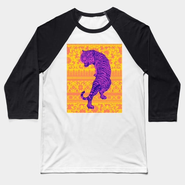 Hong Kong Neon Purple Tiger with Yellow and Orange Floral Pattern - Animal Lover Baseball T-Shirt by CRAFTY BITCH